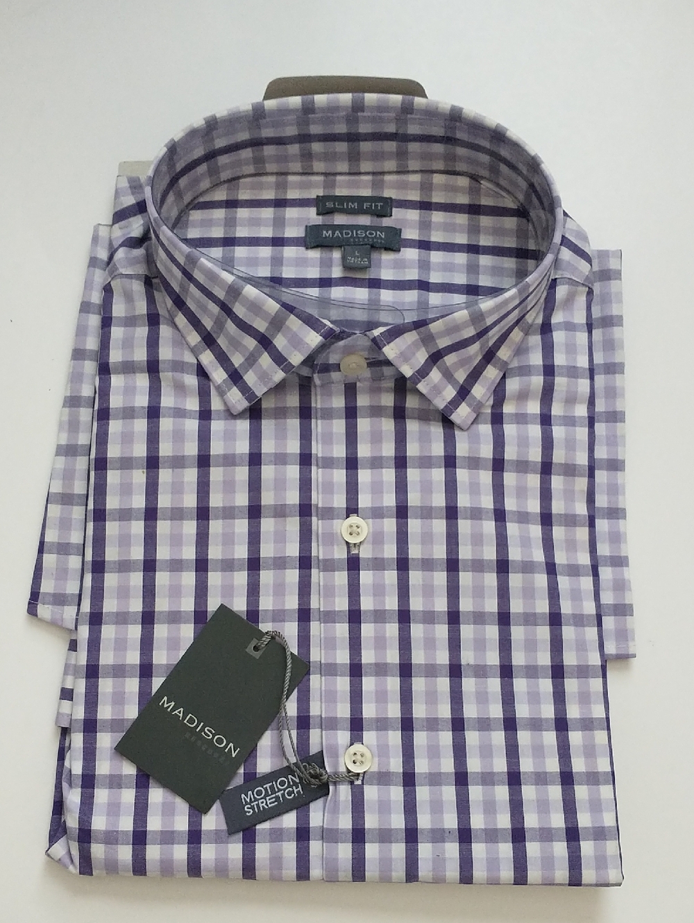 NEW Madison Purple and White Checked Dress Shirt. Size L